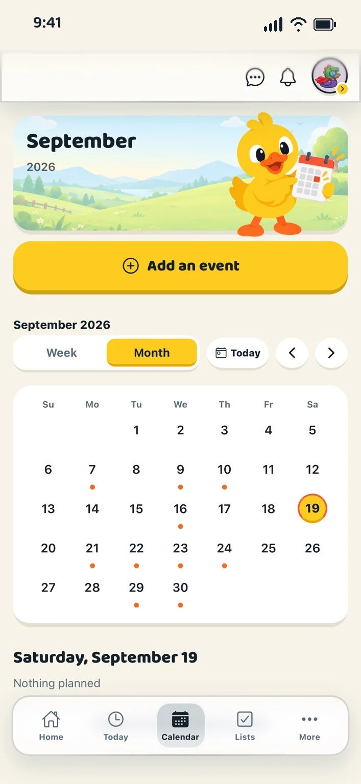 Actual Ducks in a Row shared family calendar month view