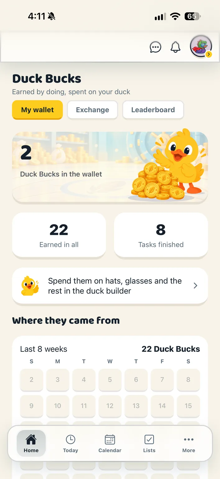 Actual Ducks in a Row Duck Bucks wallet with earnings and the eight-week grid