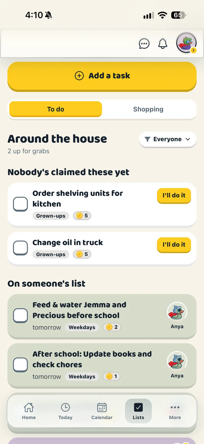 Actual Ducks in a Row To do list with jobs up for grabs and jobs on someone’s list